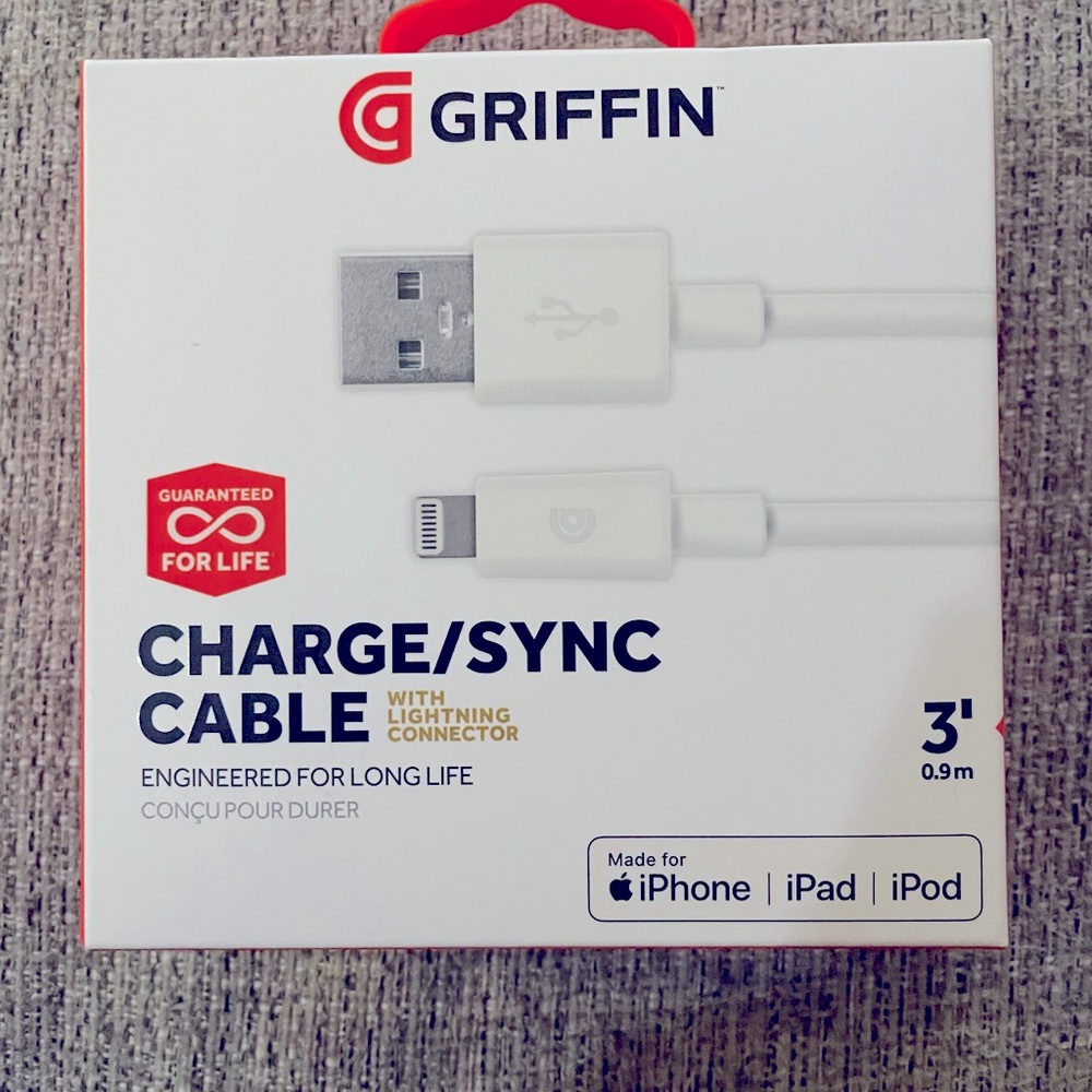 Griffin Lightning USB cable charger - Apple iPhone/Ipod/Ipad compatible 3 ft